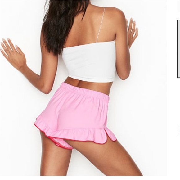 Victoria's secret sleep shorts pink satin red drawstring ruffled pajama bottoms - Picture 1 of 6